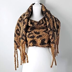 AS Fuzzy Winter Shawl Scarf in Tan w Black Leopard Print & Fringe